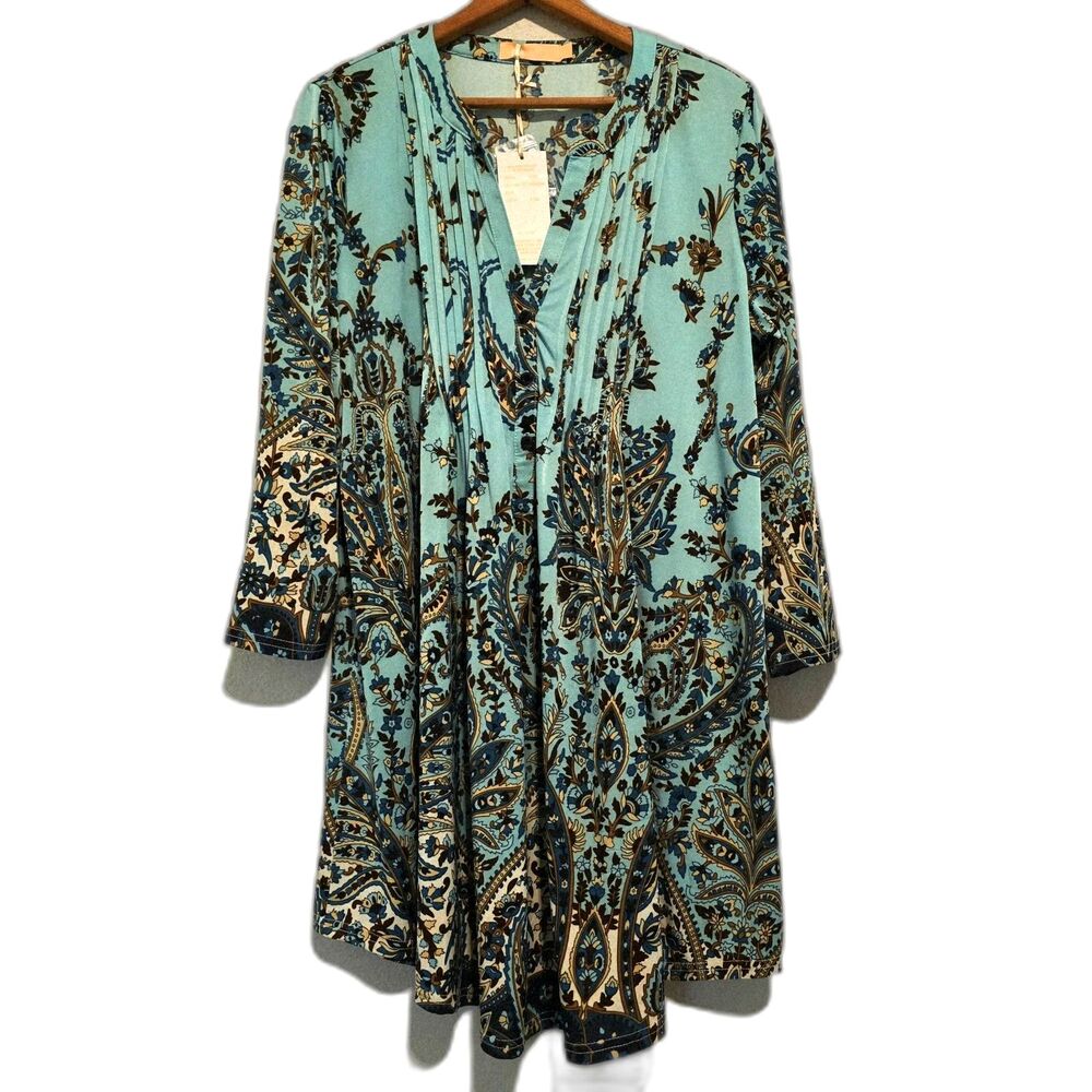 NWT La Cera Dress Pintuck Turquoise Paisley Fairy Size L